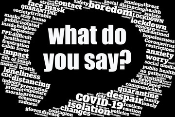 Word cloud regarding COVID-19 and quarantine issues frames a speech bubble containing text "What do you say?" and invites dialogue

