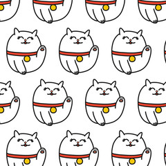 maneki neko in a protective mask seamless doodle pattern, vector illustration