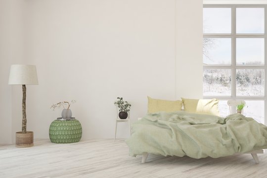 Fototapeta White bedroom interior. Scandinavian design. 3D illustration