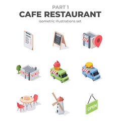 Cafe restaurant Vector 3d isometric set, color web icon, new flat style. Creative illustration design, isolated graphic idea for infographics.