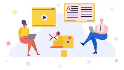 Complex computing cloud service, reliable information storage, computer technologies for business, cartoon vector illustration. Fast data processing and receiving over Internet using mobile devices