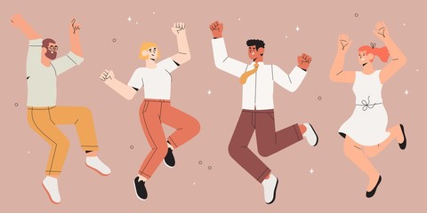 Happy business employees. A group of men and women jumping in the air cheerfully. Vector concept illustration of happy successful jumping office workers characters, business team celebrating, dancing.