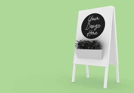 White Wooden Advertising Board with Plants Mockup 