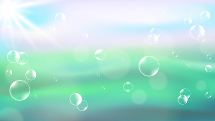 Light nature background on blurred with soap bubbles. Horizontal template for poster or banner. Vector
