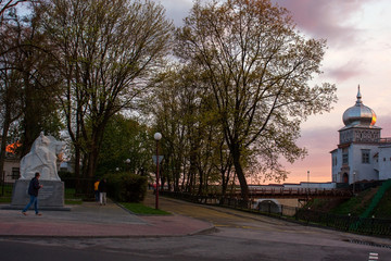 Grodno, Belarus, May 03, 2020: Street of the old city in the evening.