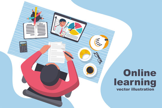 E-learning concept. Boy is studying at home during quarantine. Top view on the desktop. Video lesson with a teacher. Learning process. Vector illustration flat design. Isolated on white background.