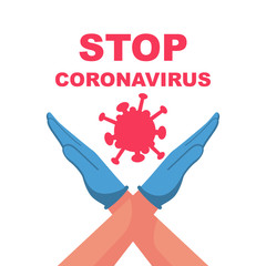 Gesture crossed hands in medical protective gloves. Red icon stop coronavirus concept. Vector illustration flat design. Sign 2019-ncov. Symbol of stopping the disease. Coronavirus pandemic outbreak.