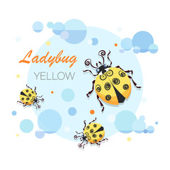 Ladybug, ladybird. Vector cartoon character. Emblem. Cute yellow ladybugs on a background of the sky with clouds. 