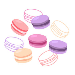 Cute vector set of macarons with different tastes. Isolated on white. Sweets illustration. Dessert set. Cartoon style.