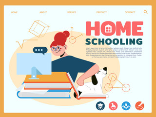 Girl sitting with computer for learning and getting education. Concept of home schooling, home education plan, homeschooling online tutor. Cartoon vector illustration in flat style. 