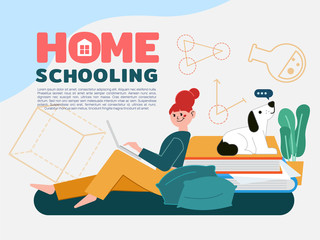 Girl sitting for learning and getting education in living room at home. Concept of home schooling, home education plan, homeschooling online tutor. Cartoon vector illustration in flat style. 