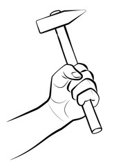 Male hand holding a hammer - isolated comic vector outline illustration on white background.
