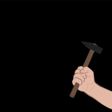 Hand with hammer at night, symbolic for housebreaking, threat, raid, robbery, danger. Comic vector illustration on black background.
