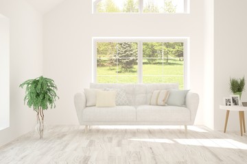 White living room with sofa and summer landscape in window. Scandinavian interior design. 3D illustration