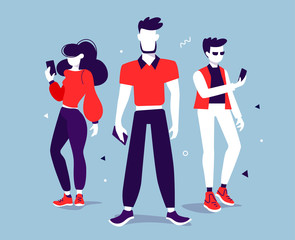 Vector creative illustration of business people with smart phone on color background. Teamwork communication in business process.