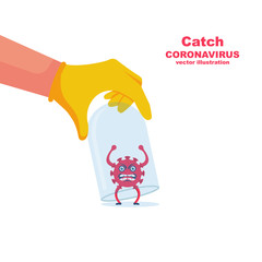 Doctor research coronavirus. A scientist examines a sample of the virus covid-19. Catch coronavirus. Vector illustration flat design. Bacteria in a glass tube. Laboratory diagnostics comic style.