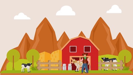 Cowboy caught cow with lasso from rope on his farm, animals on wild west ranch, design, cartoon style vector illustration. Farming in texas, man near livestock, mountain nature and green trees outdoor