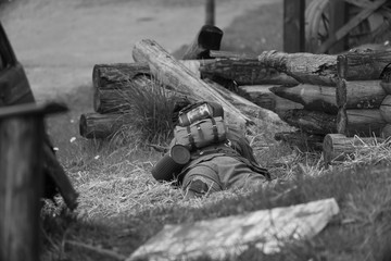 Black and white photography, reconstruction of a military battle World War II