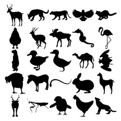 Set of 25 animals. Dog, Tiger, Bird, Fisher, Parrot, Deer, Moose, Sea Horse, Flamingo, Bear, Duck, Camel, Bat, Zebra, Snake, Rabbit, Lama, Reindeer, Mantis, Chick, Chicken, Wolf.