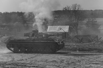 Black and white photography, reconstruction of a military battle World War II