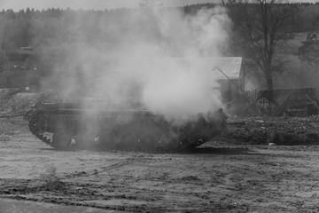 Black and white photography, reconstruction of a military battle World War II