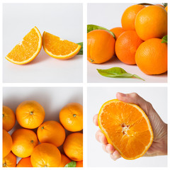 Tasty bright oranges laying together and on each other isolated on white background. Hand squashing half of orange. Vitamin and healthy food concept. Pack of four images