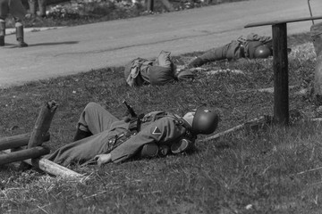 Black and white photography, reconstruction of a military battle World War II