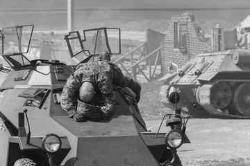 Black and white photography, reconstruction of a military battle World War II