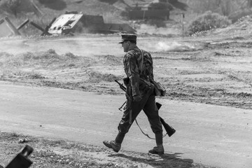 Black and white photography, reconstruction of a military battle World War II