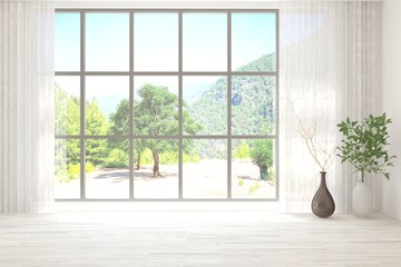 White empty room with summer landscape in window. Scandinavian interior design. 3D illustration