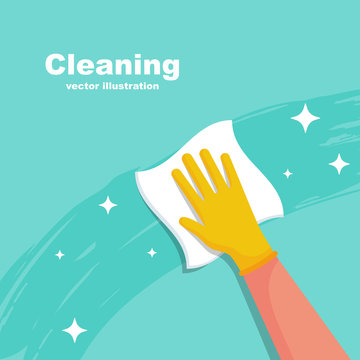 Houseworker wipes the surface with a napkin. Protective rubber yellow gloves on the hands. Cleaning with spray detergent. Hygiene home vector. Cleaning and disinfection. Housekeeping service concept.