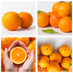 Ripe sweet oranges laying together and on each other isolated on white background. Hands holding half of orange. Citrus fruit and healthy food concept. Collage with four images