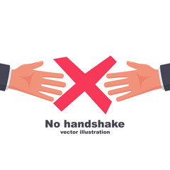 Obraz premium No handshake, red cross sign of prohibition. Flat icon no deal. Infection on hands. Do not contact. No physical contact. Warning sign. Vector design. Precautions and prevention of coronavirus disease.