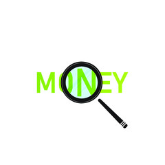 The word money with a magnifying glass with the effect of increasing.
