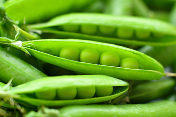 New harvest of fresh ripe green peas. legumes.Green peas and pea pods on wooden background.Close-up