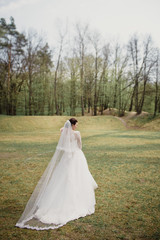Fototapeta na wymiar Bride in a white dress with a pink bouquet. Wedding in the spring