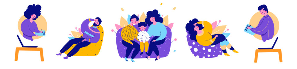 Family with child consultation with psychologist online, vector flat cartoon illustration