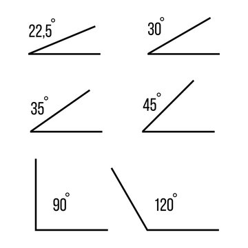 Angles. 30, 35, 45,90,120 degrees angles. Angles icons of white background