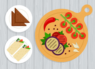 Grilled vegetables, shawarma and bread on plates