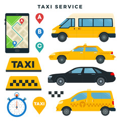 Different types of taxi cars and taxi signs, taxi booking mobile app, set of elements. Vector illustration, isolated on white.