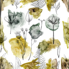 Seamless pattern with flowers and plants, pencil illustrations and watercolor shapes, vintage background