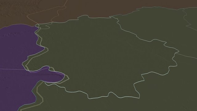 Zapadno-Bački, district with its capital, zoomed and extruded on the administrative map of Serbia in the conformal Stereographic projection. Animation 3D