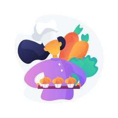 Cook in hat holding delicious desserts. Traditional carrot cupcakes, vegetable muffins, delicious bakery products. Chef cartoon character. Vector isolated concept metaphor illustration