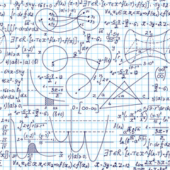 School vector seamless pattern with handwritten mathematical and physical formulas, figures and calculations, copybook grid paper