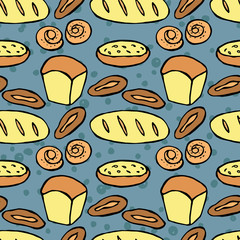Bread and bakery products seamless pattern. Hand-drawn color isolated vector illustration. Vector 10 EPS.