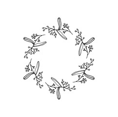 A wreath of plant branches. Festive wreath for mother's Day, Easter, thanksgiving with tree branches. Vector isolated illustration with branches and leaves on a white background. Doodle style.