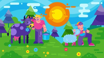 Obraz premium Grandfather farmer takes care animals, bright colorful nature, farm farming outdoors, design, cartoon style vector illustration. yellow-orange sun, man gives water to cow and boy feeds little sheep.