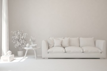 White minimalist living room with sofa. Scandinavian interior design. 3D illustration