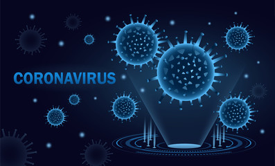 Coronavirus hologram design in blue shades showing floating virus molecules in a beam and text for the Covid-19 pandemic, colored vector illustration