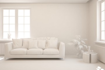 White minimalist living room with sofa. Scandinavian interior design. 3D illustration